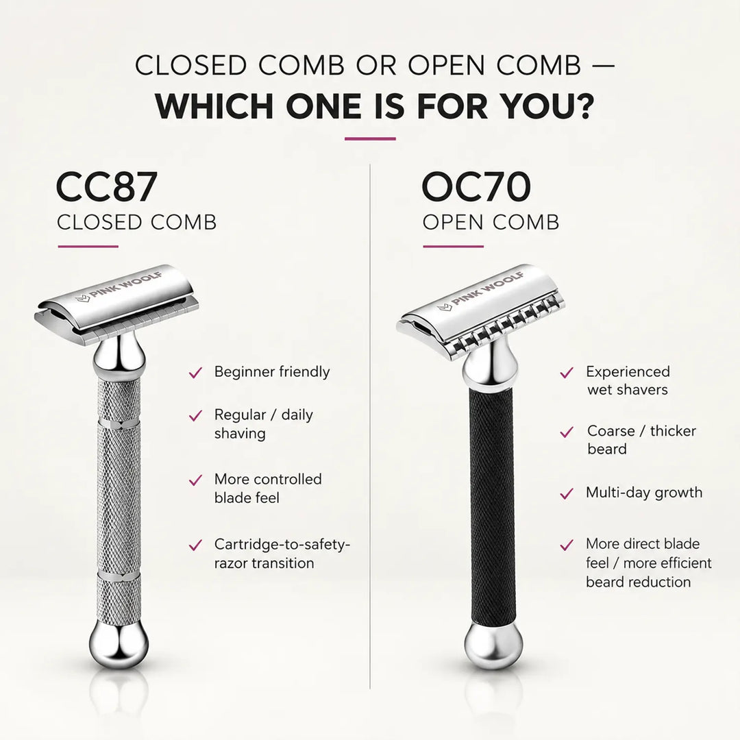 Pink Woolf CC87 closed comb versus OC70 open comb safety razor comparison