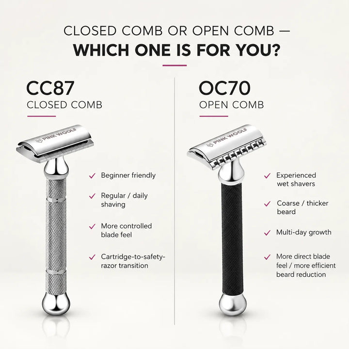 Pink Woolf CC87 closed comb versus OC70 open comb safety razor comparison