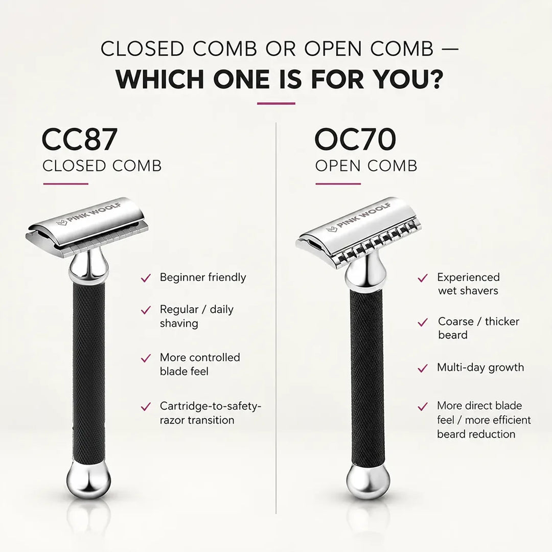 Pink Woolf CC87 closed comb and OC70 open comb safety razor comparison for different shaving styles