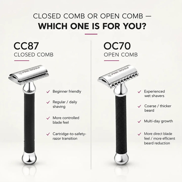 Pink Woolf CC87 closed comb and OC70 open comb safety razor comparison for different shaving styles