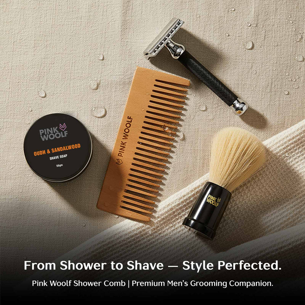 Pink Woolf neem shower comb with safety razor, shaving brush and shaving soap