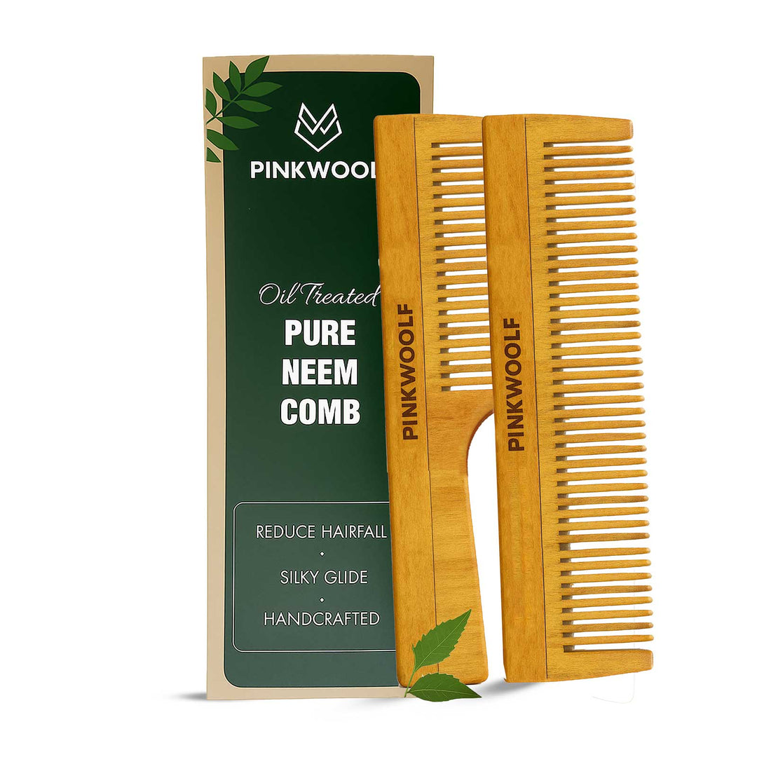 Pink Woolf neem wooden comb set with handle comb and long comb