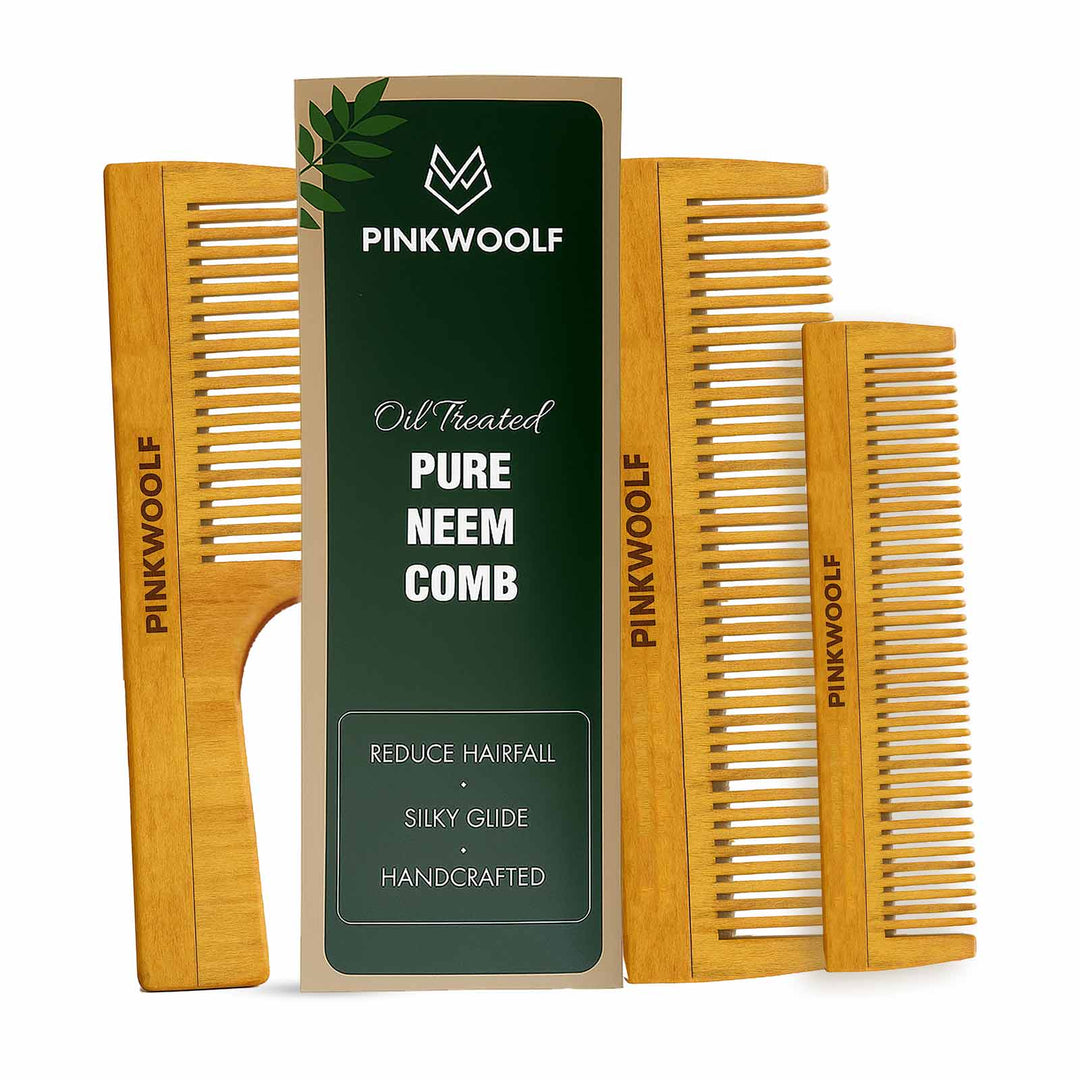 Pink Woolf neem wooden comb set, pack of 3 with handle, long and pocket comb