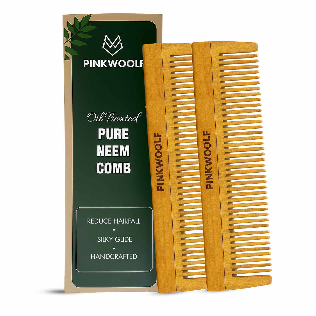 Pink Woolf neem wooden comb with handle and product box