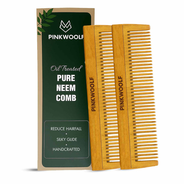 Pink Woolf neem wooden comb with handle and product box