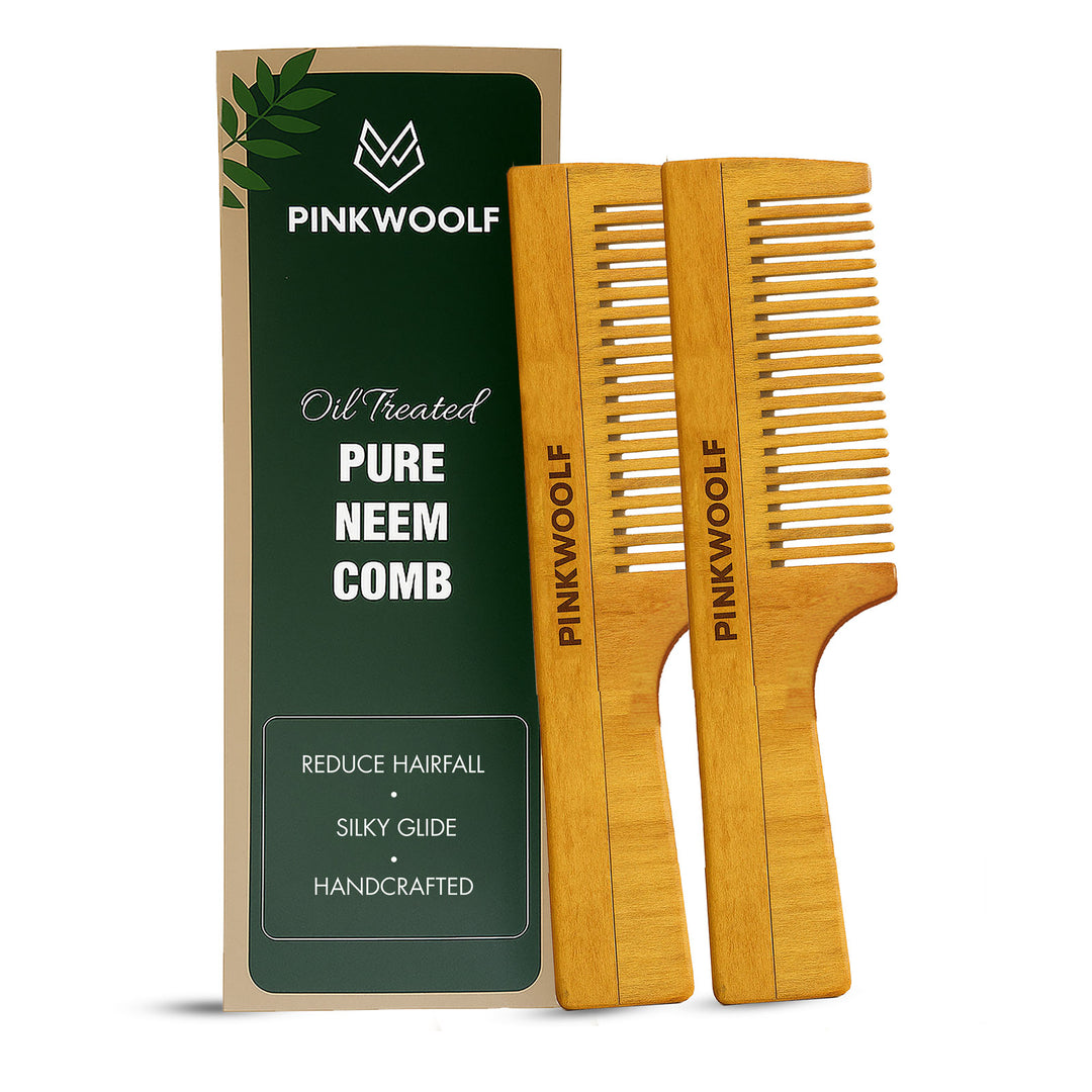 Pink Woolf neem wooden comb with handle, pack of 2, with product box