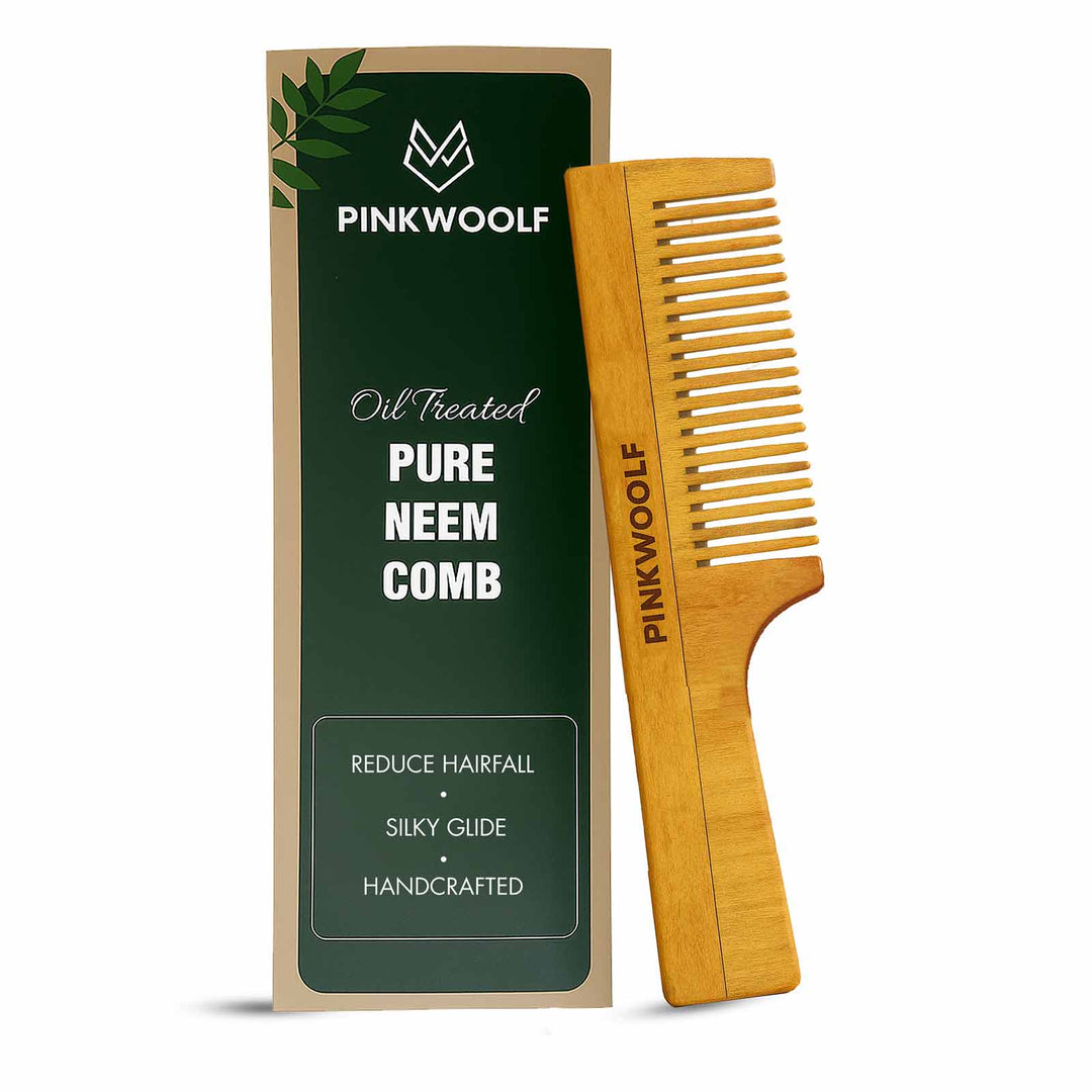 Pink Woolf neem wooden handle comb with wide teeth and product box