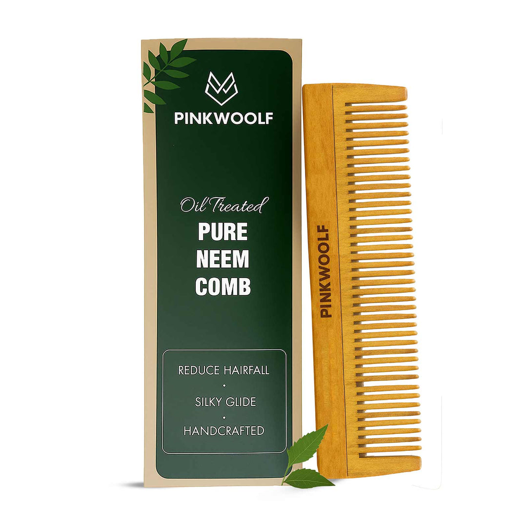 Pink Woolf neem wooden long comb with wide teeth and product box