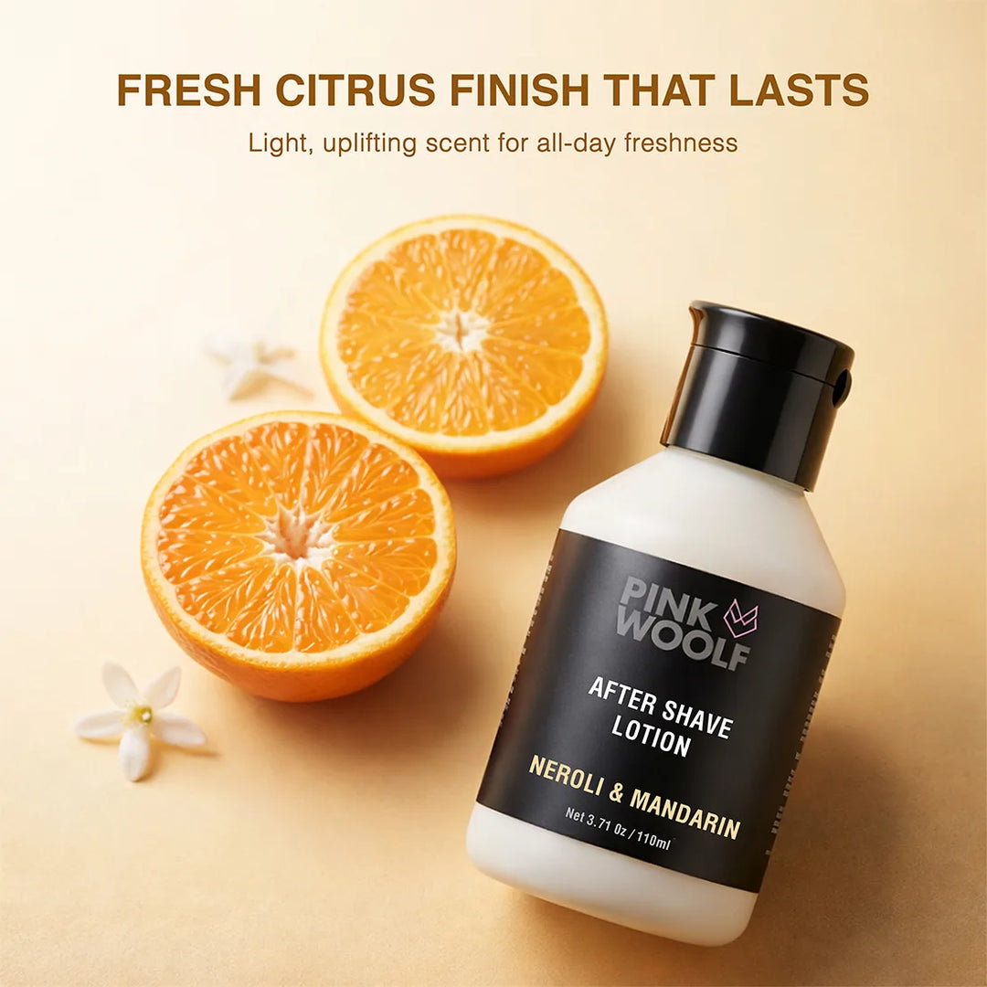 Pink Woolf Neroli & Mandarin After Shave Lotion with bright citrus and soft floral fragrance