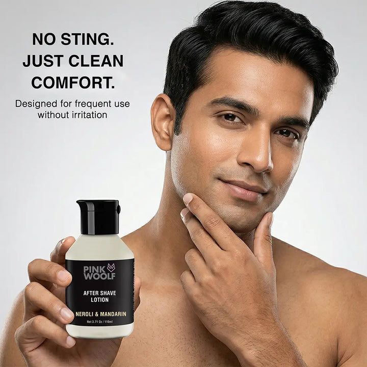 Man using Pink Woolf Neroli & Mandarin After Shave Lotion after shaving