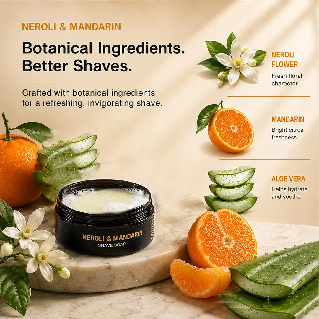 Neroli and Mandarin shaving soap with bright citrus and soft floral fragrance