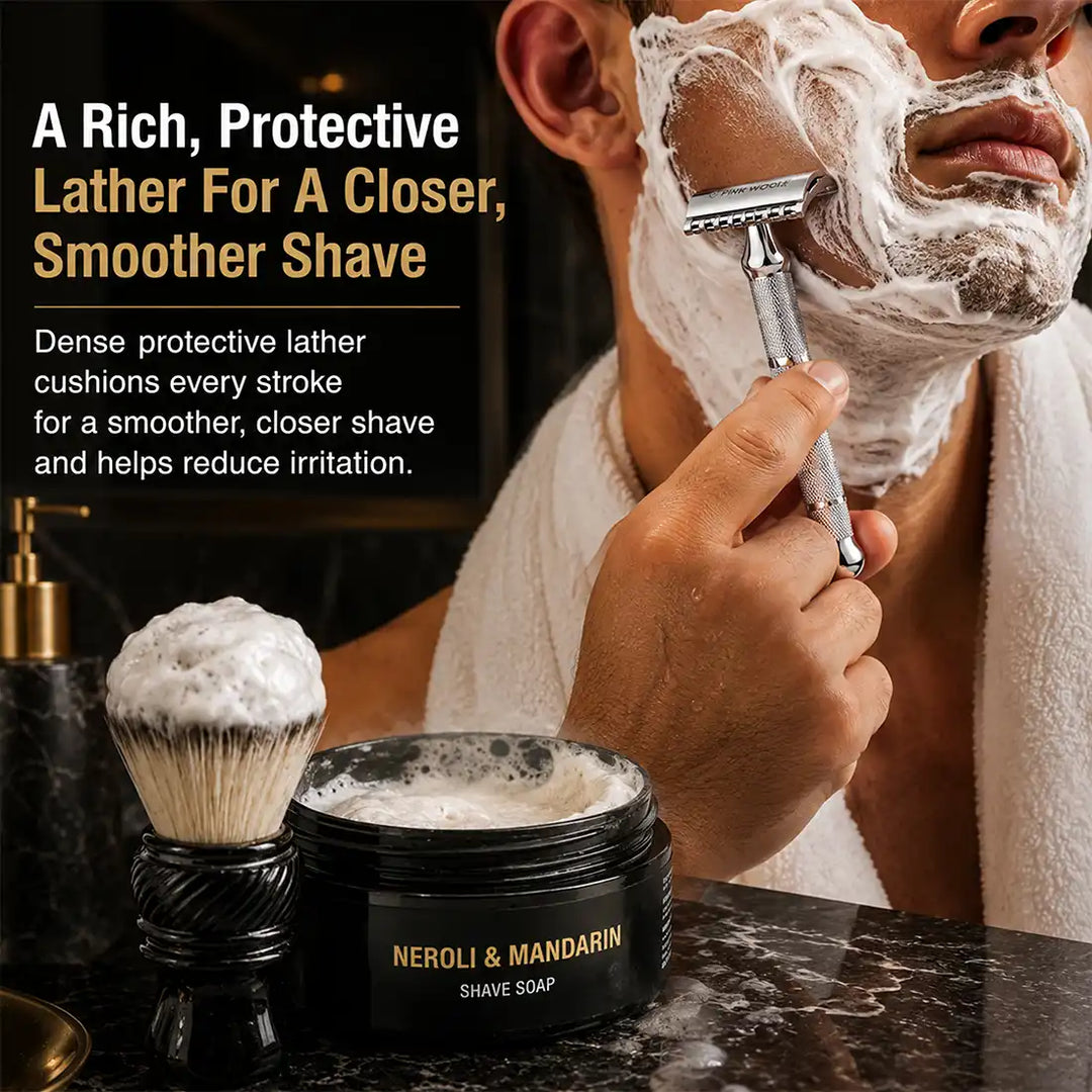Neroli and Mandarin shaving soap with rich cushioning lather for wet shaving