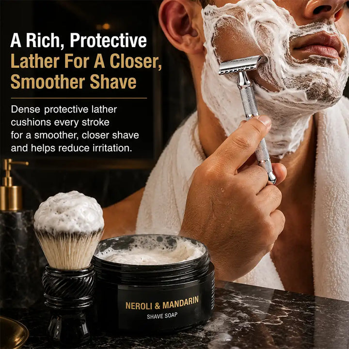 Neroli and Mandarin shaving soap with rich cushioning lather for wet shaving