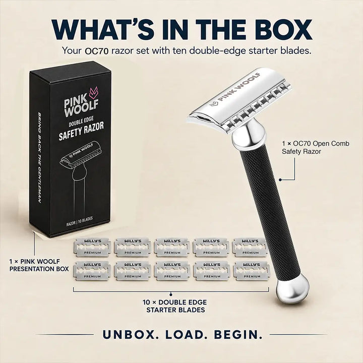 Pink Woolf OC70 open comb safety razor set with presentation box and 10 double edge starter blades