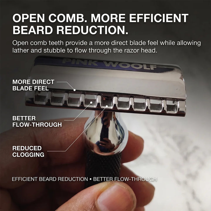 Close-up of Pink Woolf OC70 open comb razor head showing flow-through design for thicker beard growth