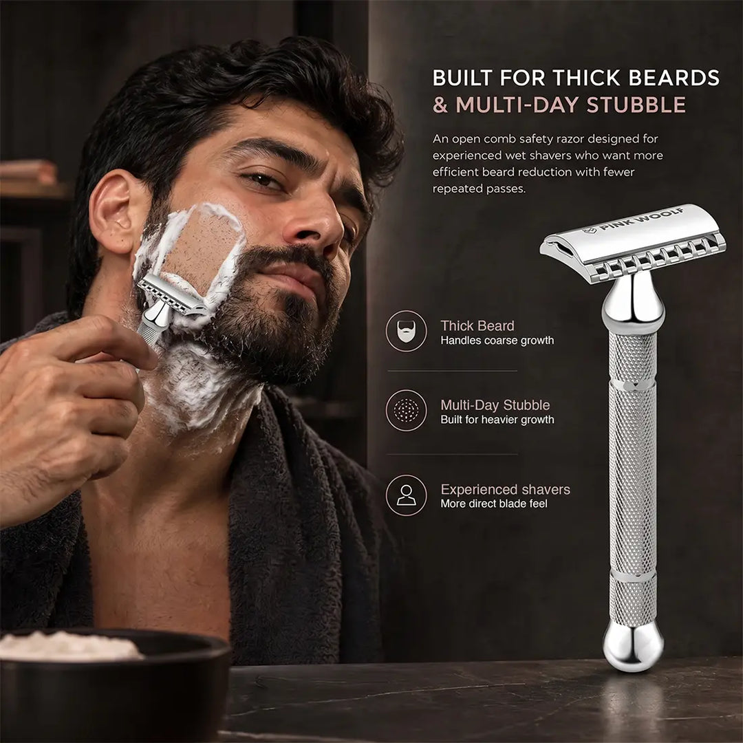Pink Woolf OC70 open comb safety razor for thick beards, multi-day stubble and experienced wet shavers