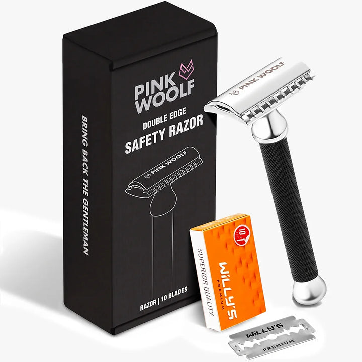 Pink Woolf OC70 open comb safety razor in black with presentation box and double edge razor blades