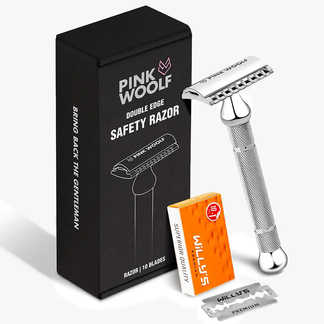 Pink Woolf OC70 open comb safety razor in chrome with presentation box and double edge razor blades