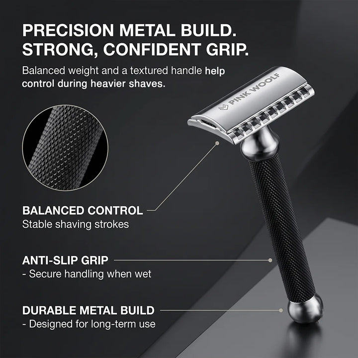Pink Woolf OC70 metal safety razor with textured anti-slip grip and balanced handle for controlled shaving