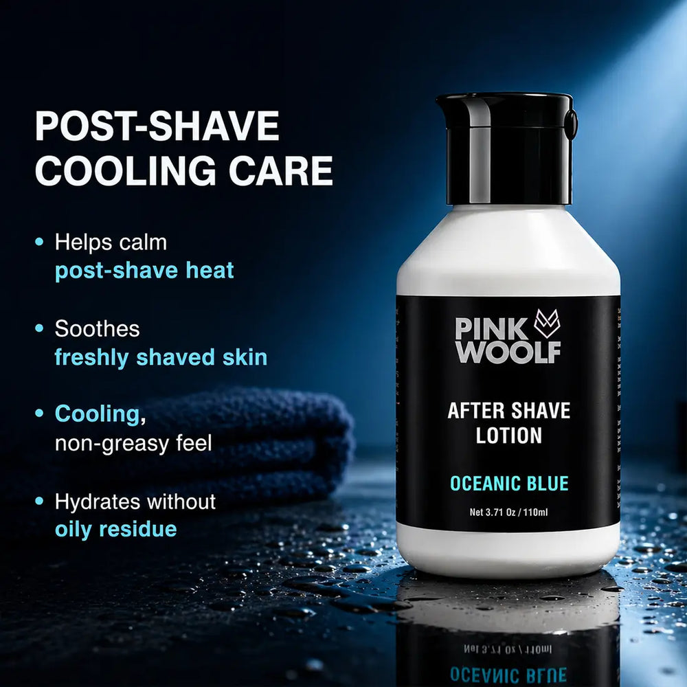 Pink Woolf Oceanic Blue after shave lotion with cooling lightweight post-shave care benefits