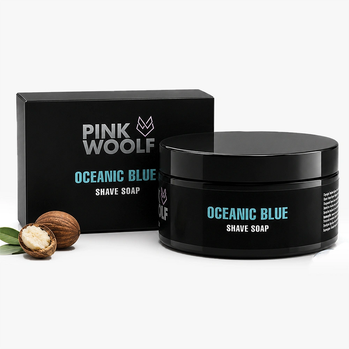 Pink Woolf Oceanic Blue shaving soap for men in reusable 50g jar with outer box