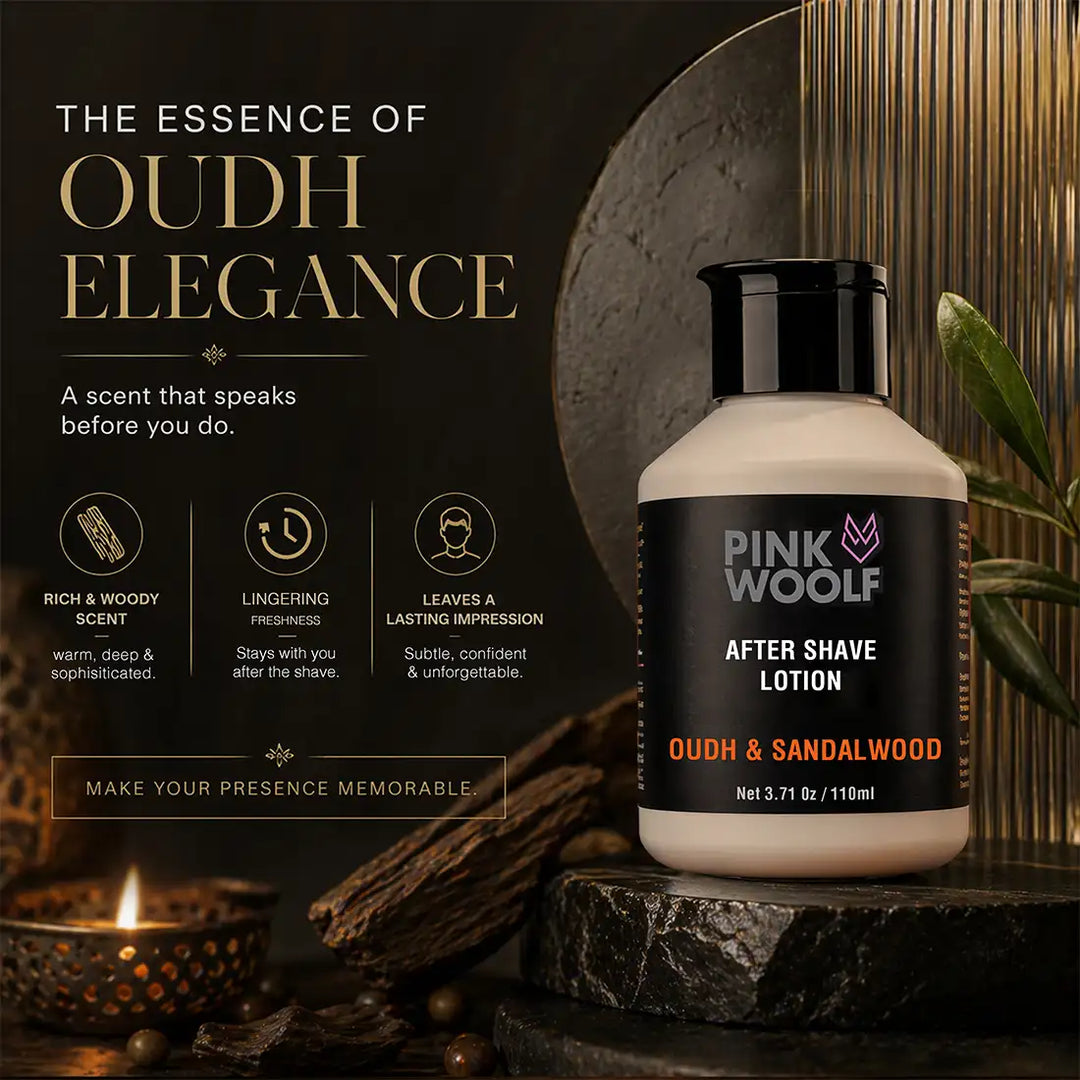 Pink Woolf Oudh & Sandalwood After Shave Lotion with alcohol-free non-sticky post-shave care benefits