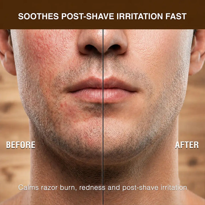 Before and after man face illustration of post-shave redness and irritation