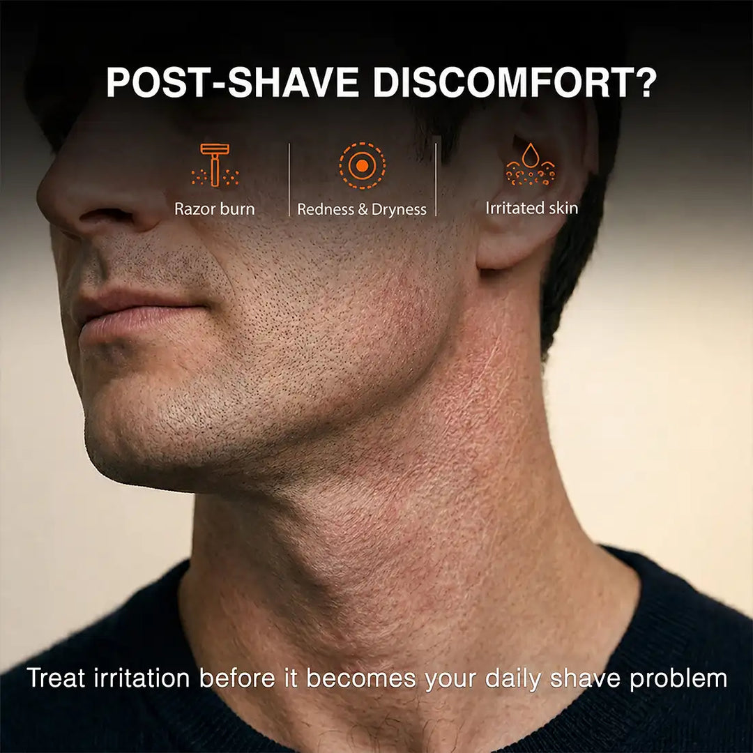 Man experiencing post-shave discomfort including redness dryness and razor burn