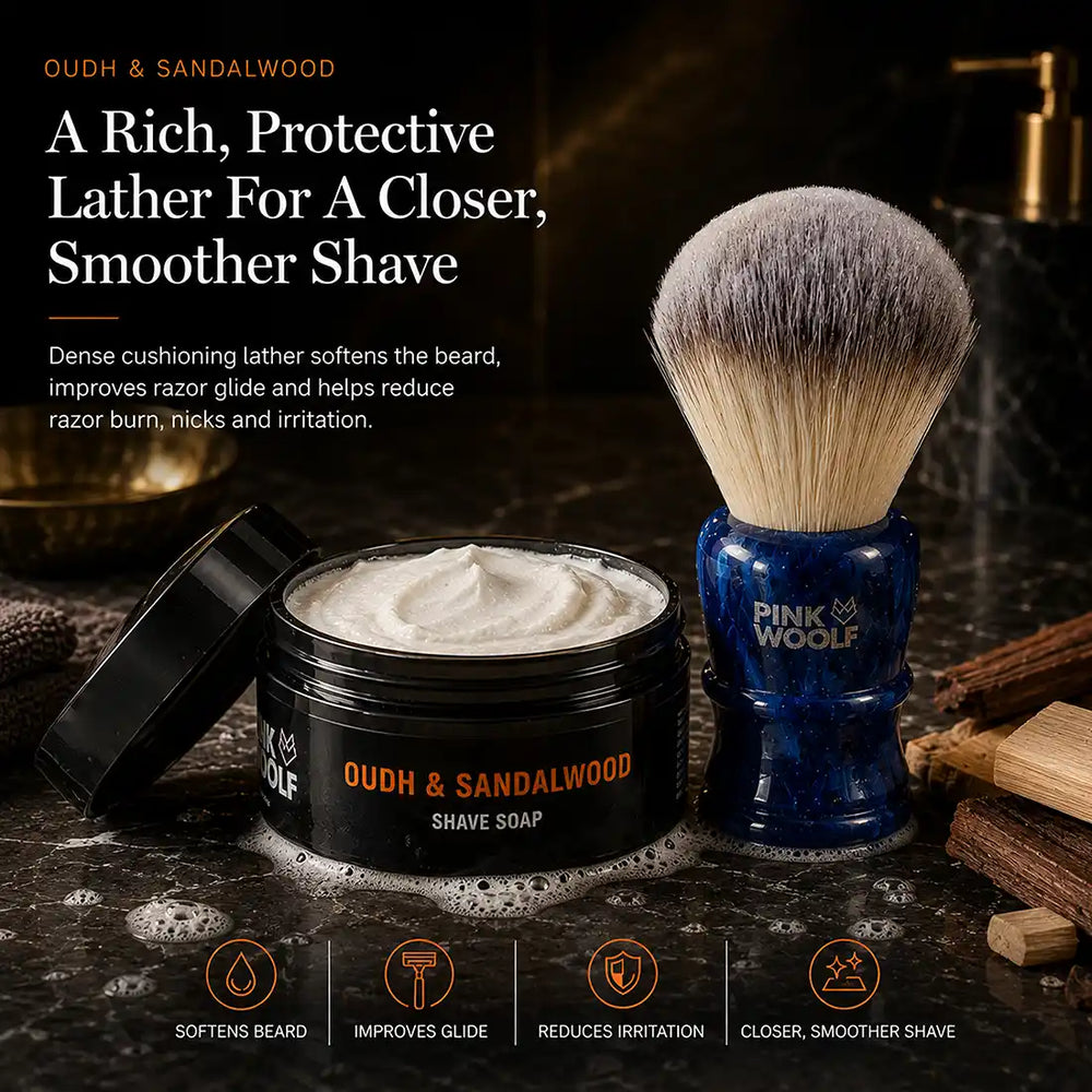 Pink Woolf Oudh & Sandalwood shaving soap creating rich cushioning lather with a shaving brush