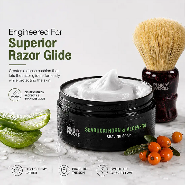 Pink Woolf Seabuckthorn & Aloe Vera shaving soap with dense lather for smooth razor glide