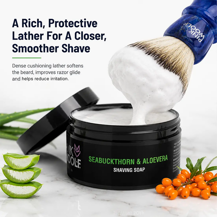 Pink Woolf Seabuckthorn & Aloe Vera shaving soap creating rich cushioning lather with a shaving brush