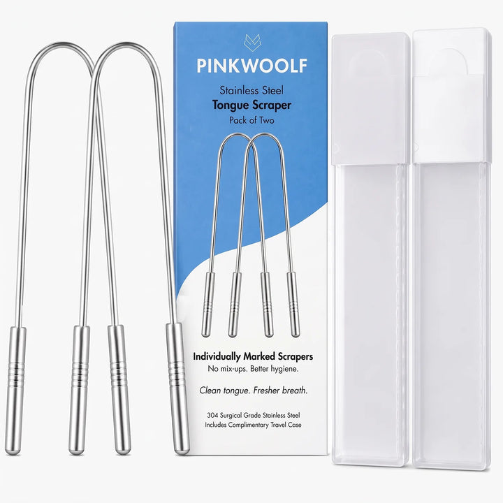 Pink Woolf stainless steel tongue cleaner 2 pack with two protective cases