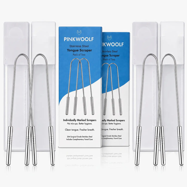 Pink Woolf stainless steel tongue cleaner 4 pack with four protective cases