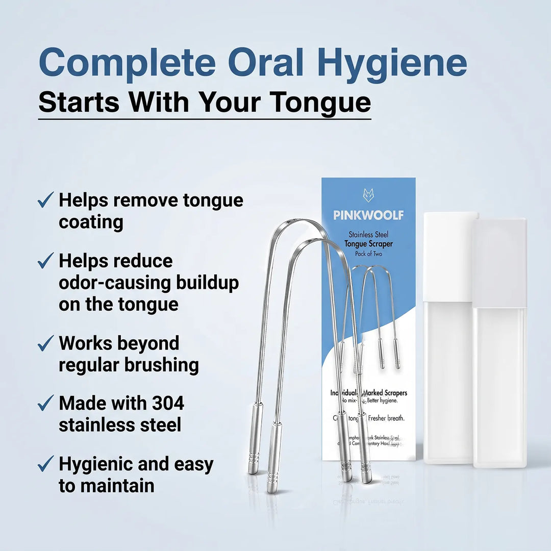 Pink Woolf tongue cleaner for daily oral hygiene and removal of tongue buildup