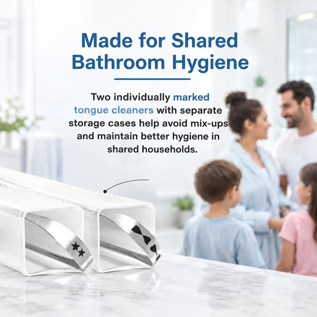 Individually marked tongue cleaners with separate cases for shared household hygiene