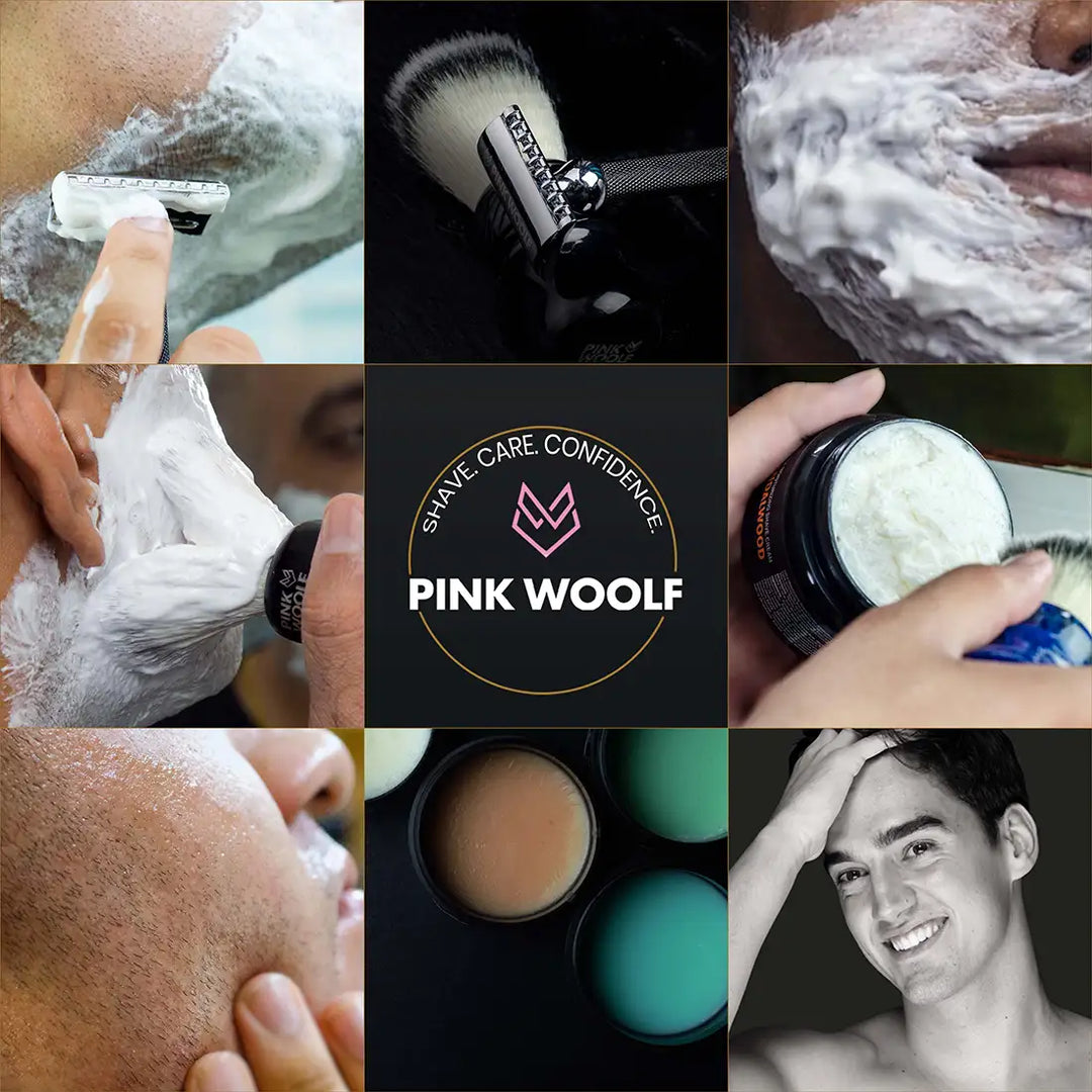 Traditional wet shaving routine with shaving brush, safety razor and rich shaving lather