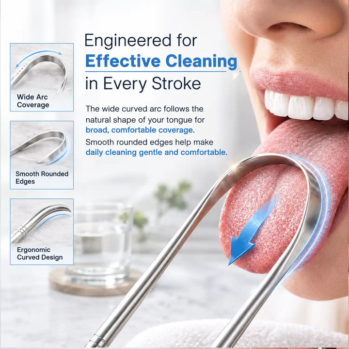 Pink Woolf wide curved stainless steel tongue cleaner with smooth rounded edges