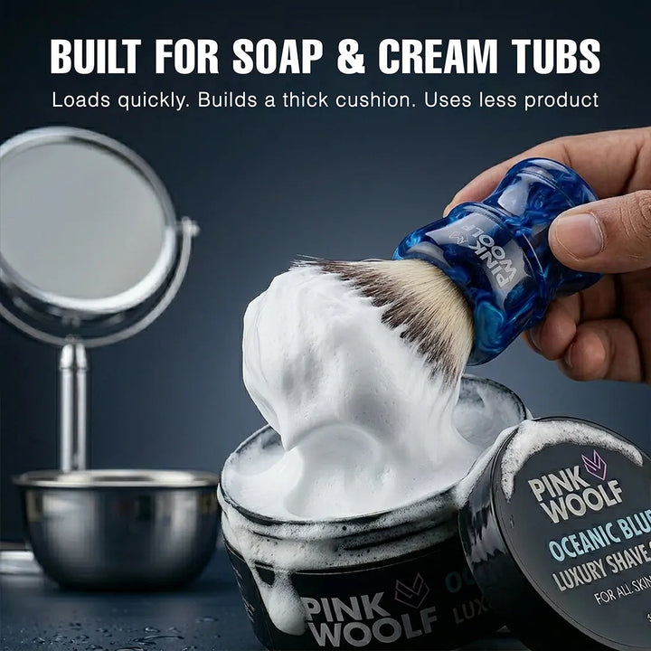Ultra soft synthetic shaving brush applying rich lather for a comfortable wet shave