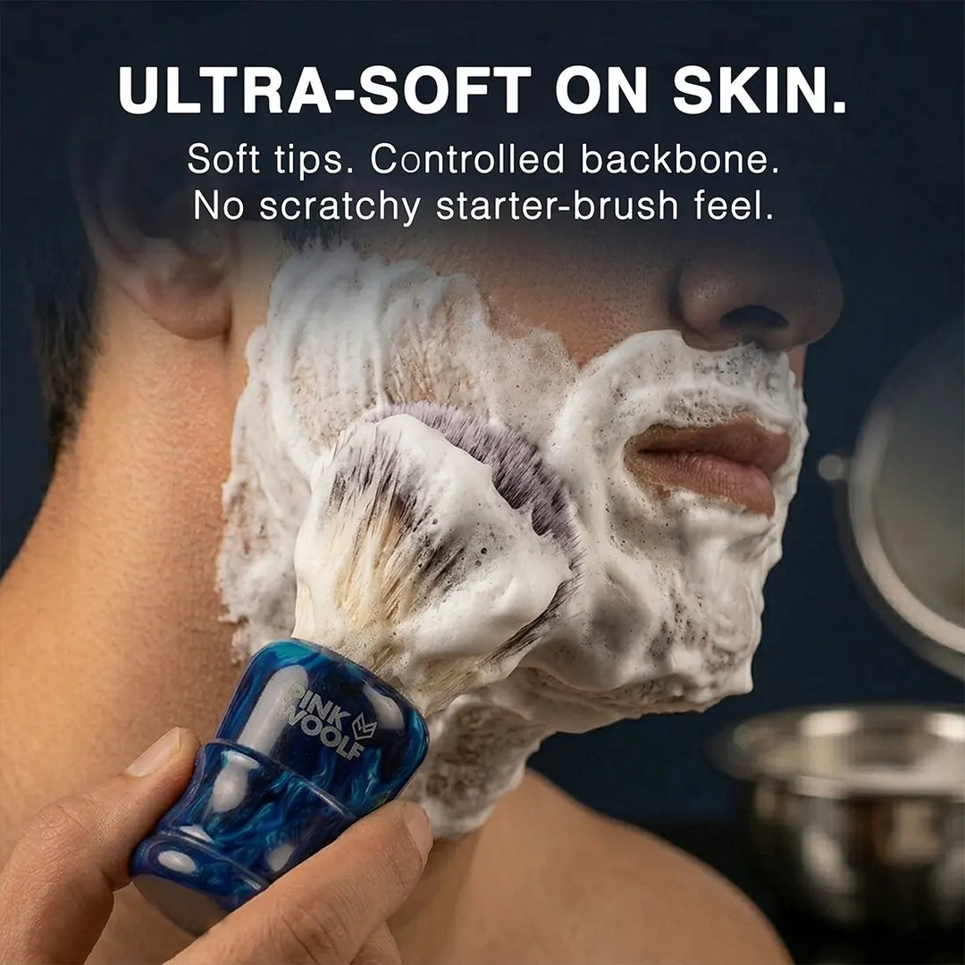 Blue Monster synthetic shaving brush building rich lather with shaving soap