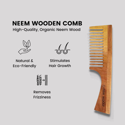 Neem Wooden Comb - Wide Teeth With Handle - Neem Comb, Neem Wooden CombPinkWoolf